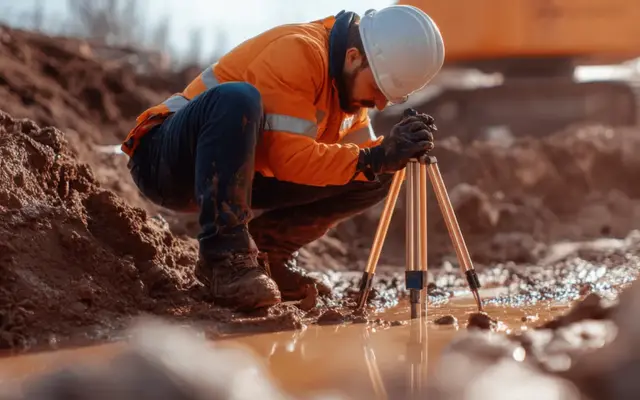 Technicien effectuant un relevé sur un terrain boueux