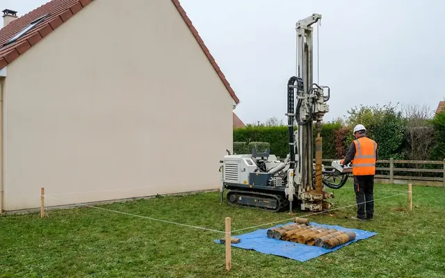 Foreuse de sondage et carottes de sol devant un pavillon