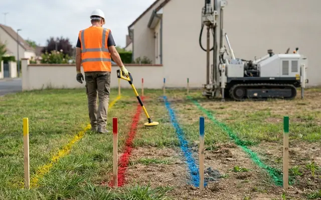 Technicien repérant les réseaux enterrés avant un sondage géotechnique