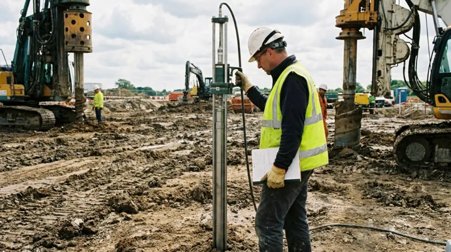 Géotechnicien réalisant un sondage pressiométrique sur un chantier dans le cadre d'une étude de sol G1 ou G2