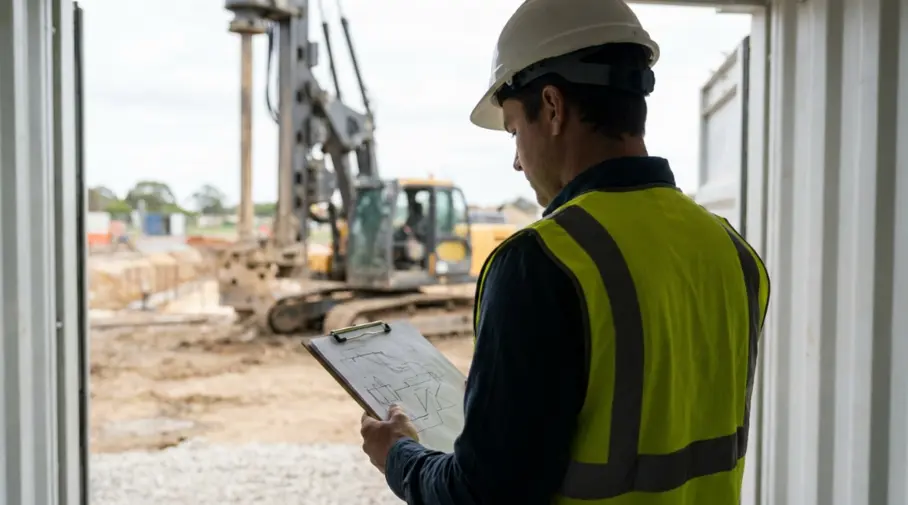 Géotechnicien consultant un devis d'étude de sol sur un chantier, avec sondeuse géotechnique en arrière-plan