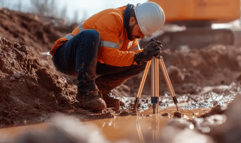 Technicien utilisant un théodolite pour un relevé topographique sur un terrain boueux