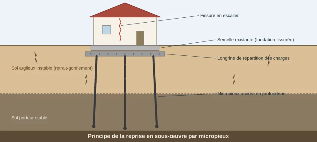 Schéma de la reprise en sous-œuvre par micropieux et longrine