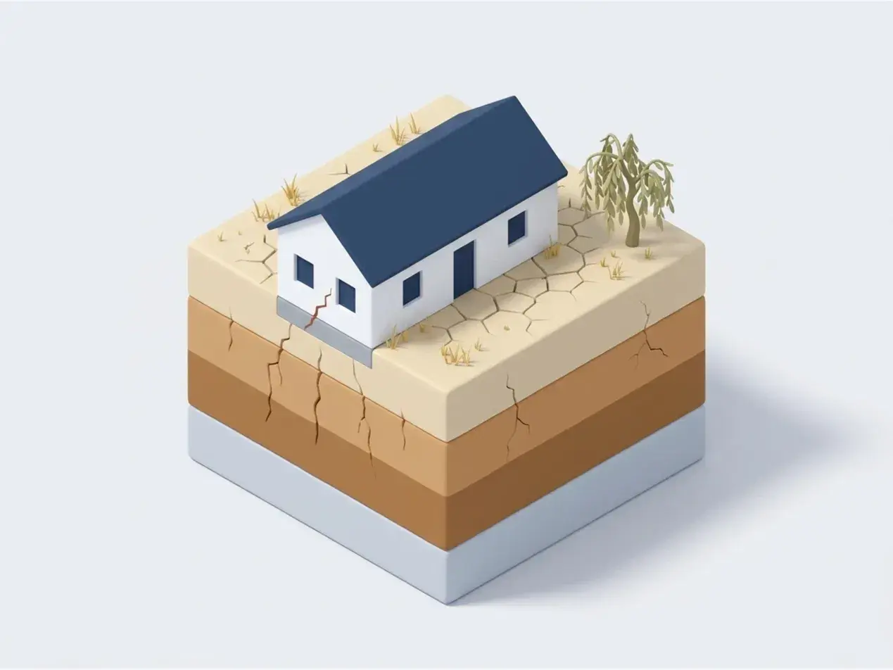 Maison fissurée sur un sol argileux desséché par la canicule, avec arbre assoiffé et terre craquelée