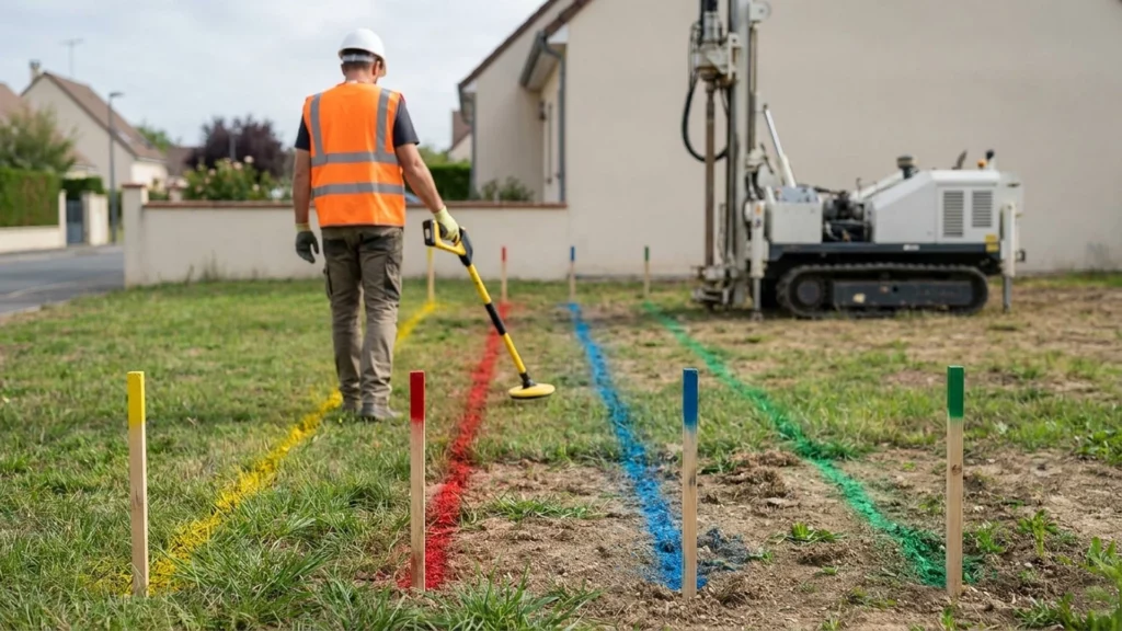 Technicien repérant les réseaux enterrés avec un détecteur avant un sondage géotechnique, marquages au sol colorés et foreuse en arrière-plan