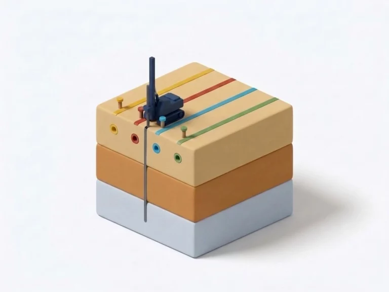 Foreuse de sondage et réseaux enterrés repérés par des piquets de couleur sur un bloc de terrain en coupe