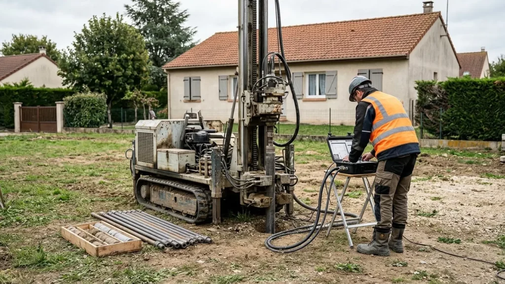Sondage pressiométrique sur un terrain à bâtir : foreuse et contrôleur pression-volume, essai pressiométrique
