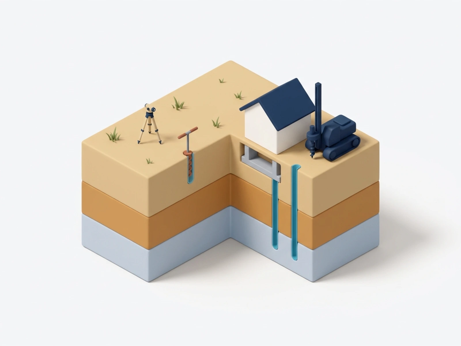 Terrain en coupe avec relevé topographique, sondage à la tarière et forage sous une maison : étude de sol G1 et G2