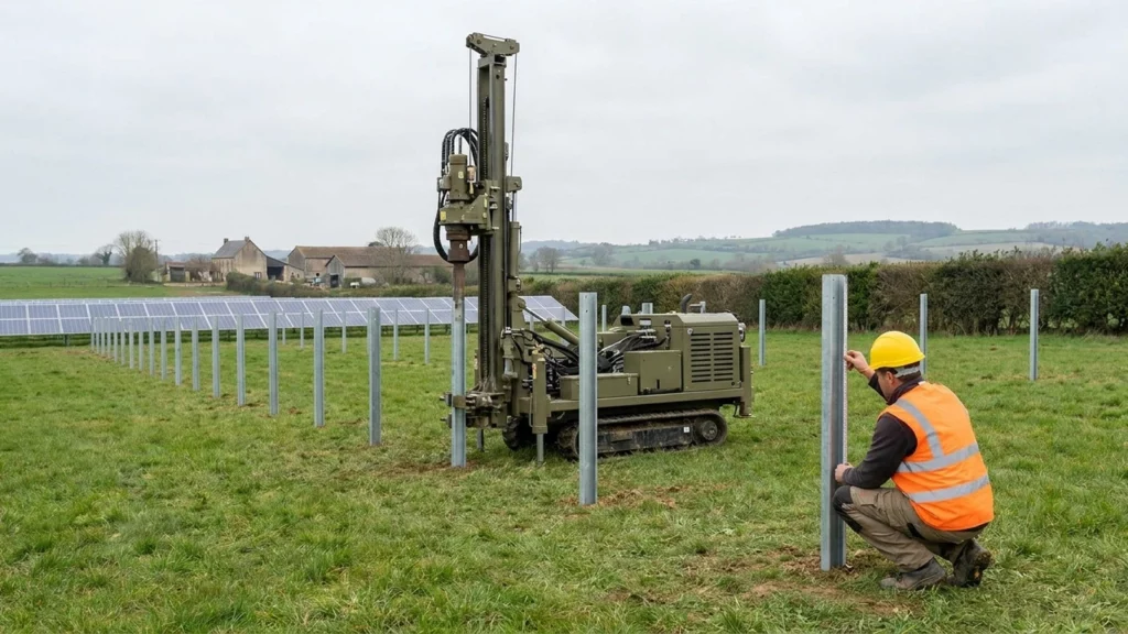 Mise en place de pieux métalliques pour une centrale solaire au sol, contrôle d’un pieu par un technicien