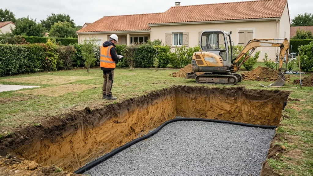 Terrassement d'une piscine enterrée avec massif drainant et drain périphérique, étude de sol piscine