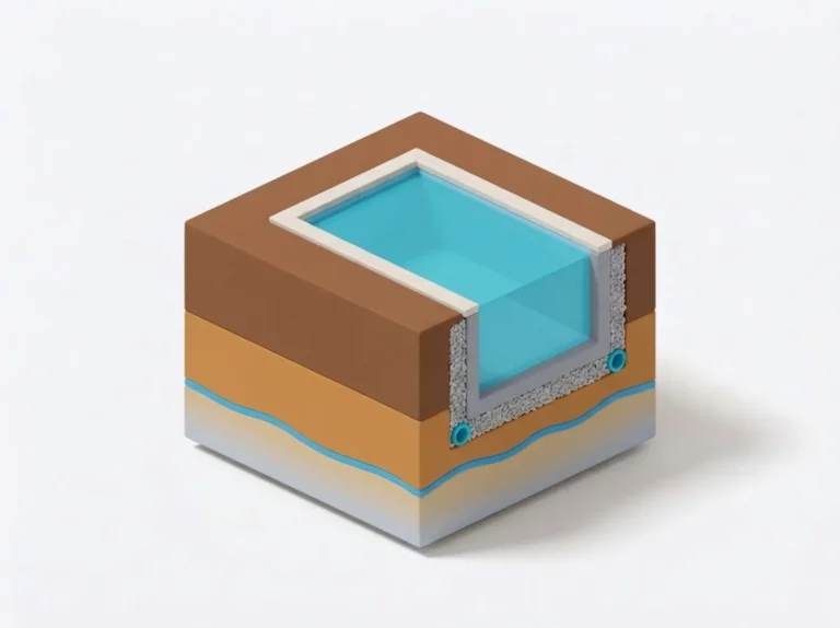 Piscine enterrée avec drainage dans un bloc de sol en coupe, étude de sol piscine