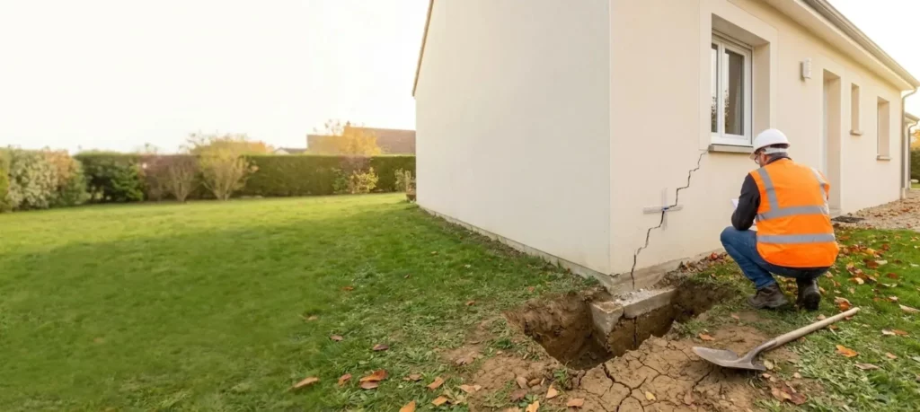Diagnostic géotechnique G5 : fouille au pied d'une maison fissurée après la sécheresse, semelle de fondation dégagée et sol argileux craquelé
