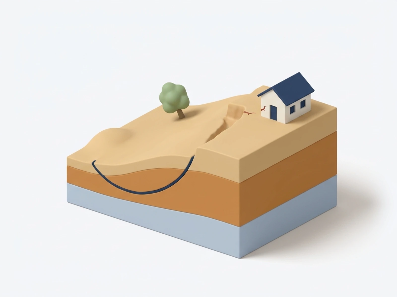 Glissement de terrain sur un versant avec surface de rupture circulaire et maison fissurée en tête de pente