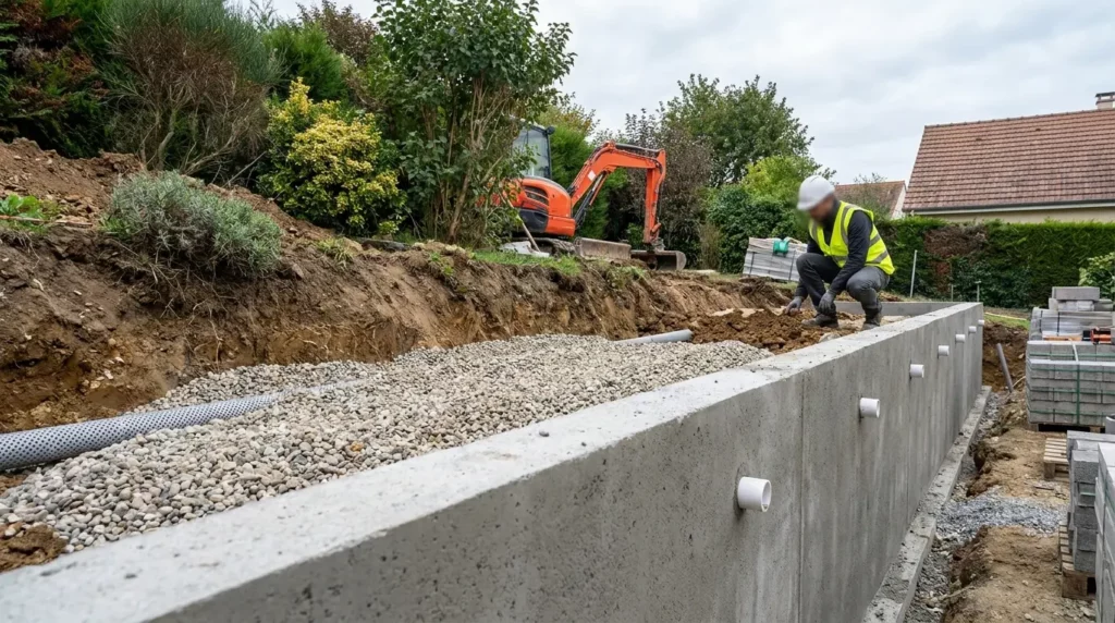 Construction d'un mur de soutènement en béton armé avec drain et massif drainant, étude géotechnique