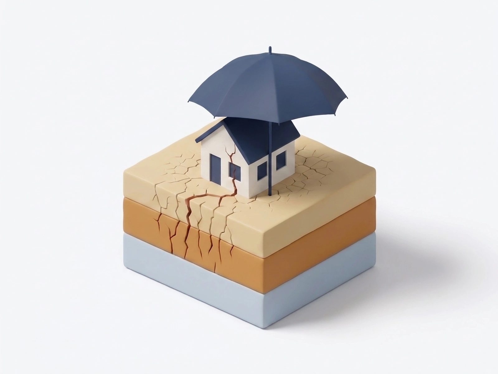 Maison fissurée par la sécheresse sur un sol argileux, protégée par un parapluie symbolisant l’assurance catastrophe naturelle